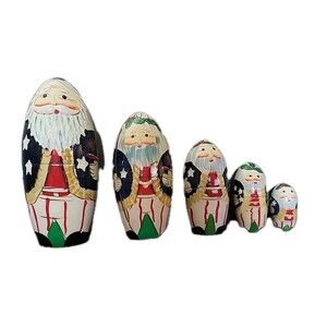 5 Vintage Russian Style Wood Nesting Dolls Santa Claus Textured 5.5"T